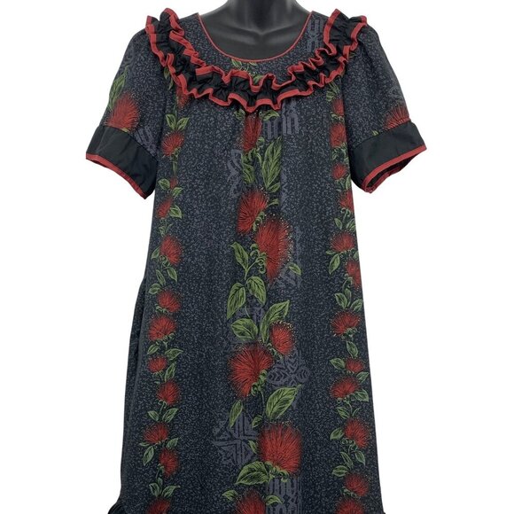 Good Times Aloha Hawaiian Floral Ruffle Medium M Muumuu Black Red Ohia Flower - Picture 2 of 10